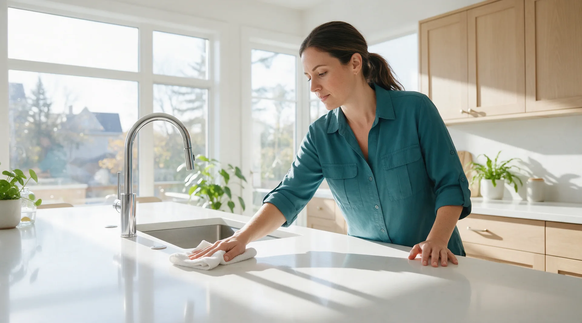 Wiping a counter in a bright kitchen