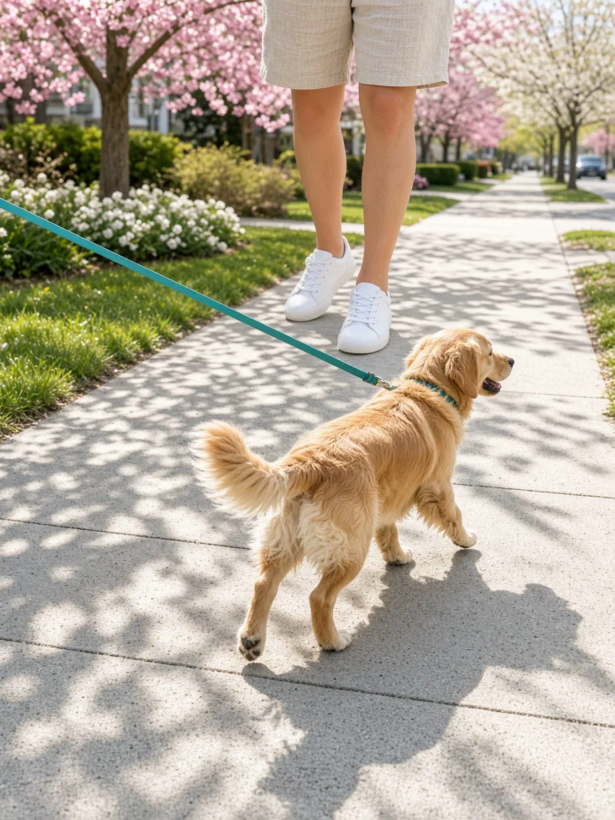 A golden retriever on a sunny walk