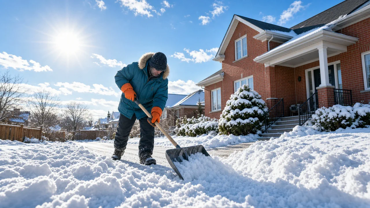 Shovelling a sunny driveway after snowfall