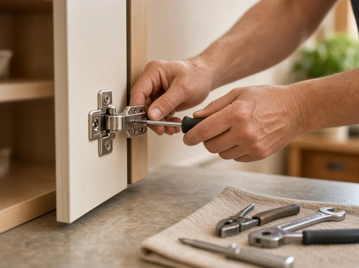 Adjusting a cabinet hinge with a screwdriver