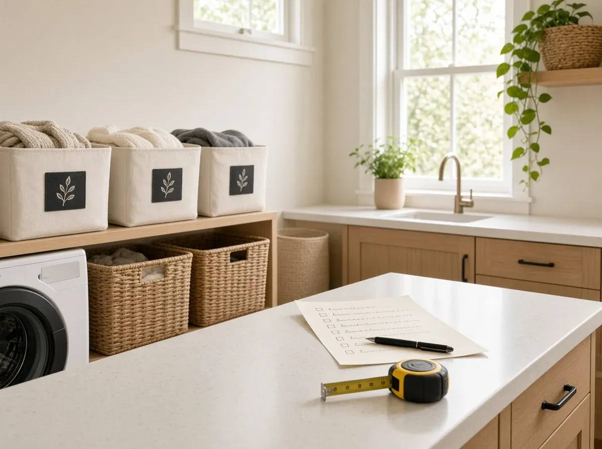 A bright, freshly organized laundry room