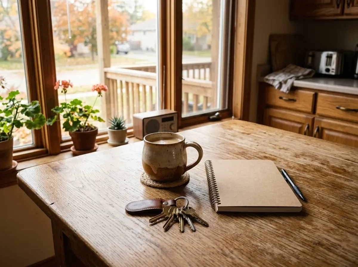A notebook and coffee on a sunny table