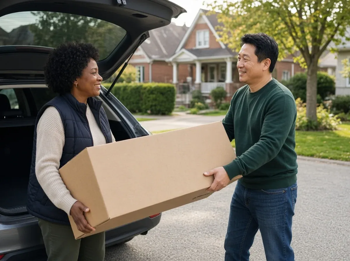 Two neighbours lifting a box from a car