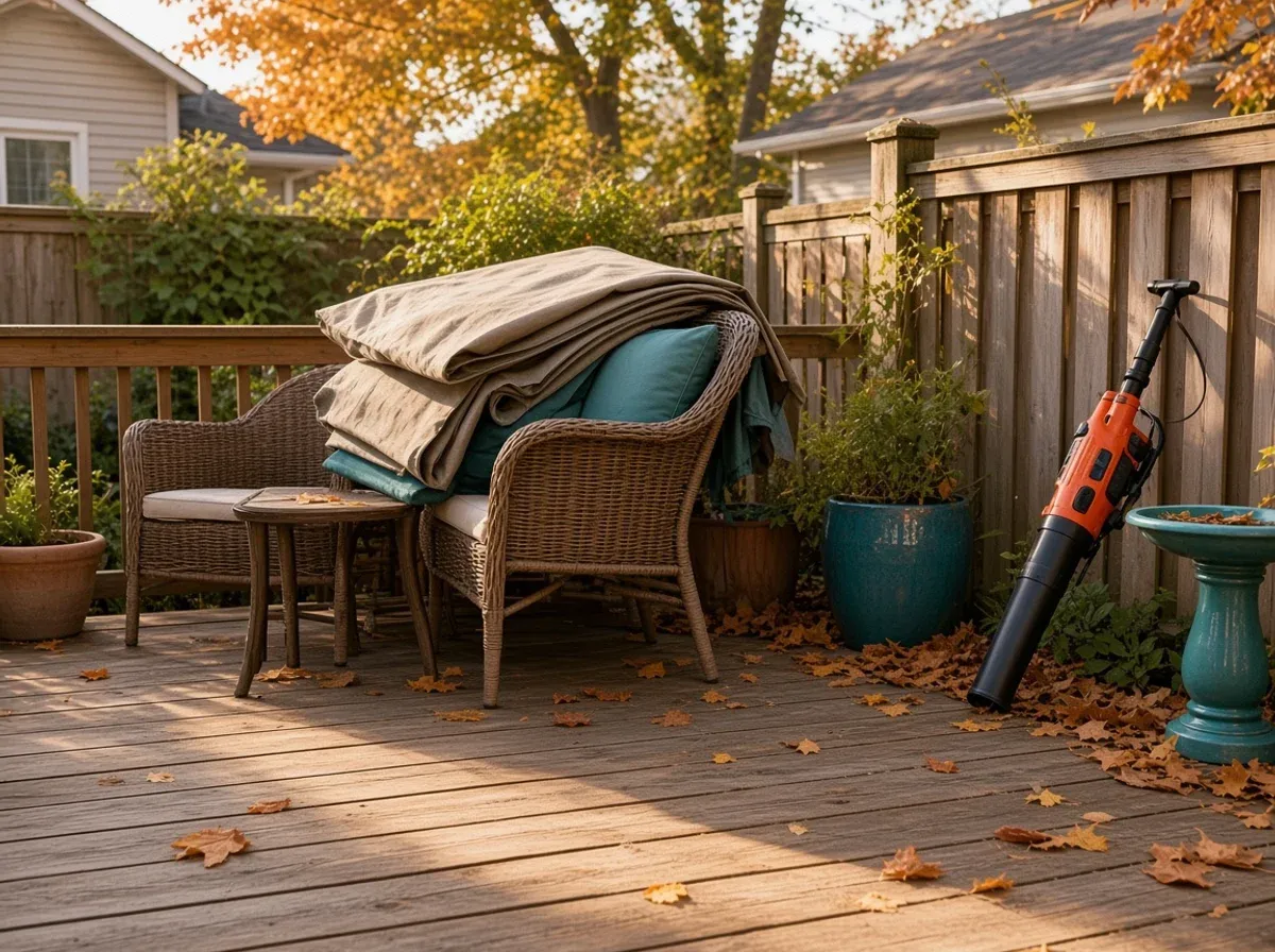 A tidy backyard deck after a fall cleanup