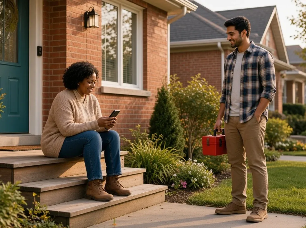 A neighbour greeting a provider on her front steps
